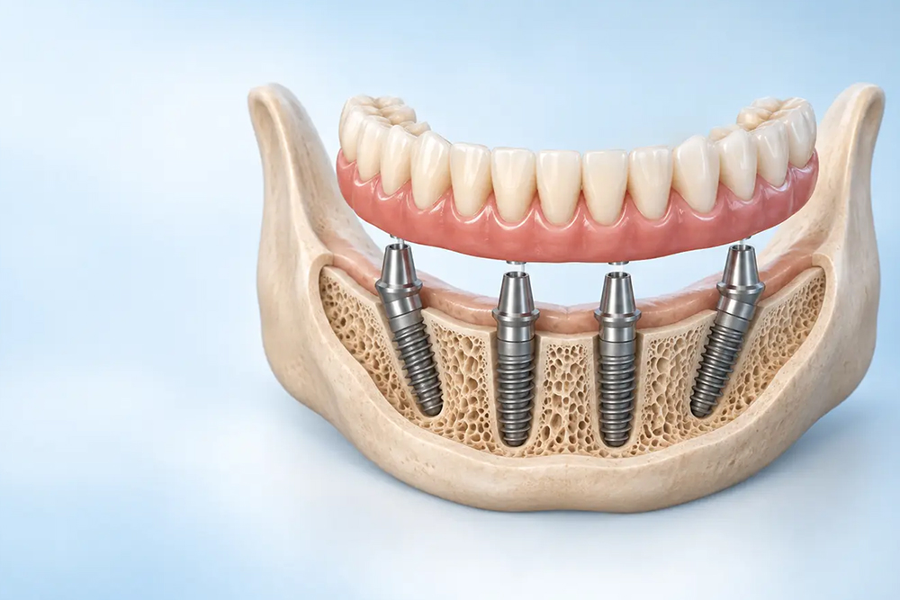 Illustration showing a complete lower dental bridge supported by four implants embedded in the jawbone.