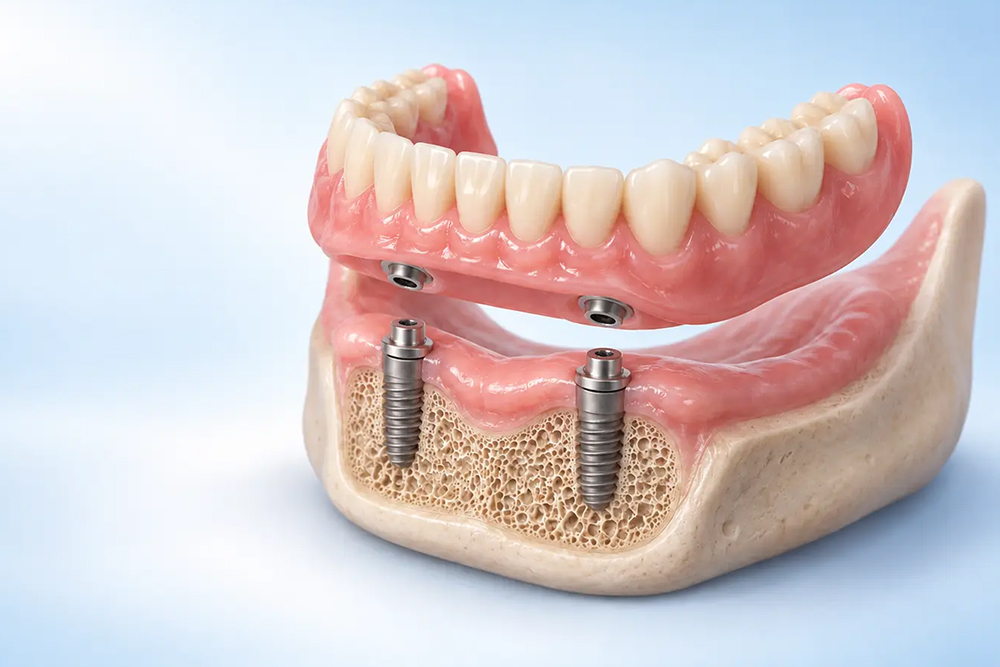 Illustration showing a lower denture aligned with two implant attachments embedded in the jawbone for improved stability.