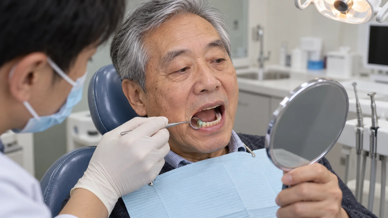 Dentist examines a patient with a missing tooth while discussing replacement and monitoring options.